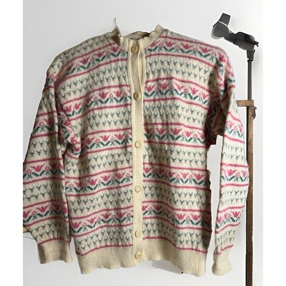 Vintage Nanook Cardigan Sweater Womens M Long Sleeves Floral Tulips Buttons.   J - Picture 1 of 6